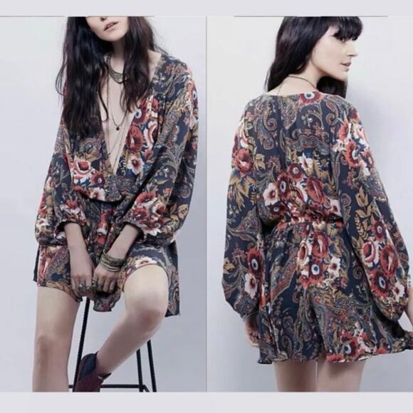 Free People High Plains Tunic Paisley V-Neck Mini Dress Women’s Size Small - Picture 1 of 7